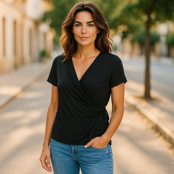 NWT Bleeker & McDougal Women's Black Faux Wrap Front Short Sleeve Blouse PXL - Picture 5 of 5